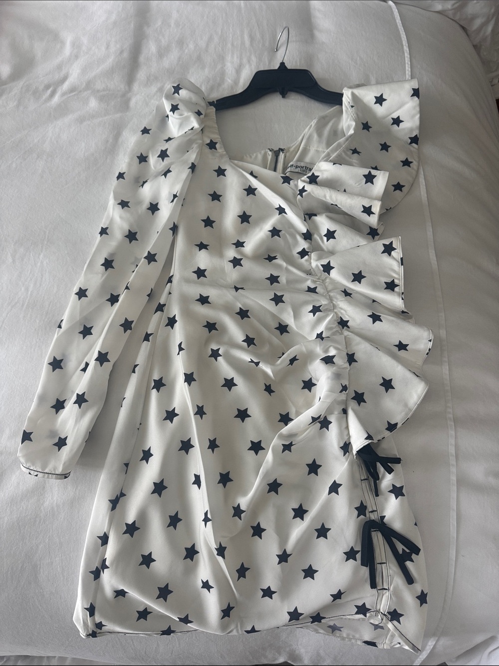 Self-Portrait Star Print One-Shoulder Ruffle Mini Dress - White & Navy Blue